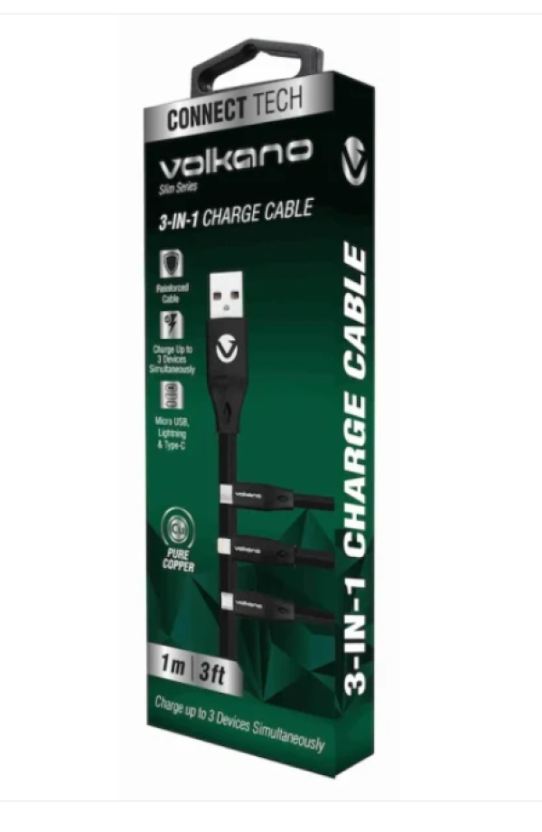 Kabl Volkano VK-20086-BK Slim Series Flat PVC 3-in-1 USB-C/Lightning/Micro