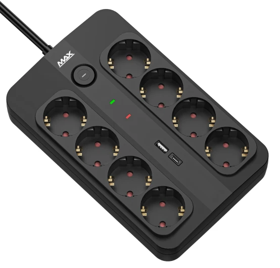 Produžni kabl sa prenaponskom zaštitom sa 8 utičnica MAX MPS-908SB-3M/3m/USB A & USB C port