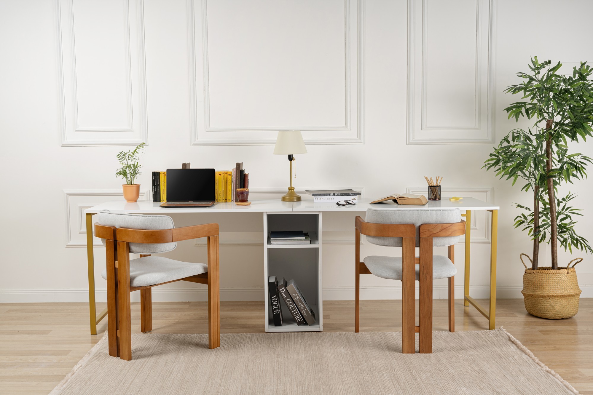 Twin Study Desk - White, Gold White Gold
