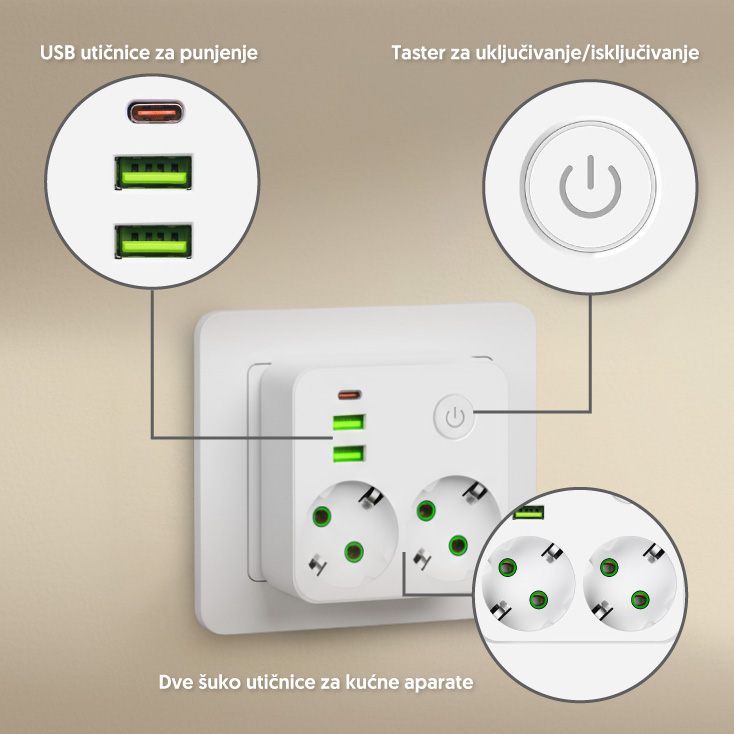 Strujni razdelnik 2 utič. + prekidač, 2xUSB+tip C