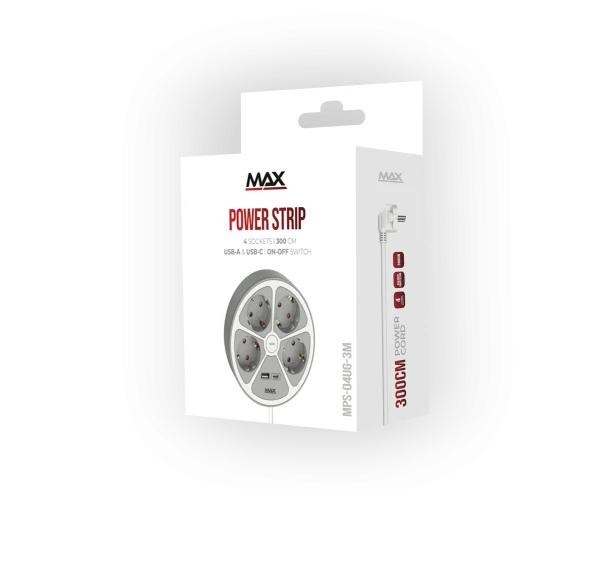 Produžni kabl sa prenaponskom zaštitom sa 4 utičnice MAX MPS-04UG-3M/3m/USB portovi