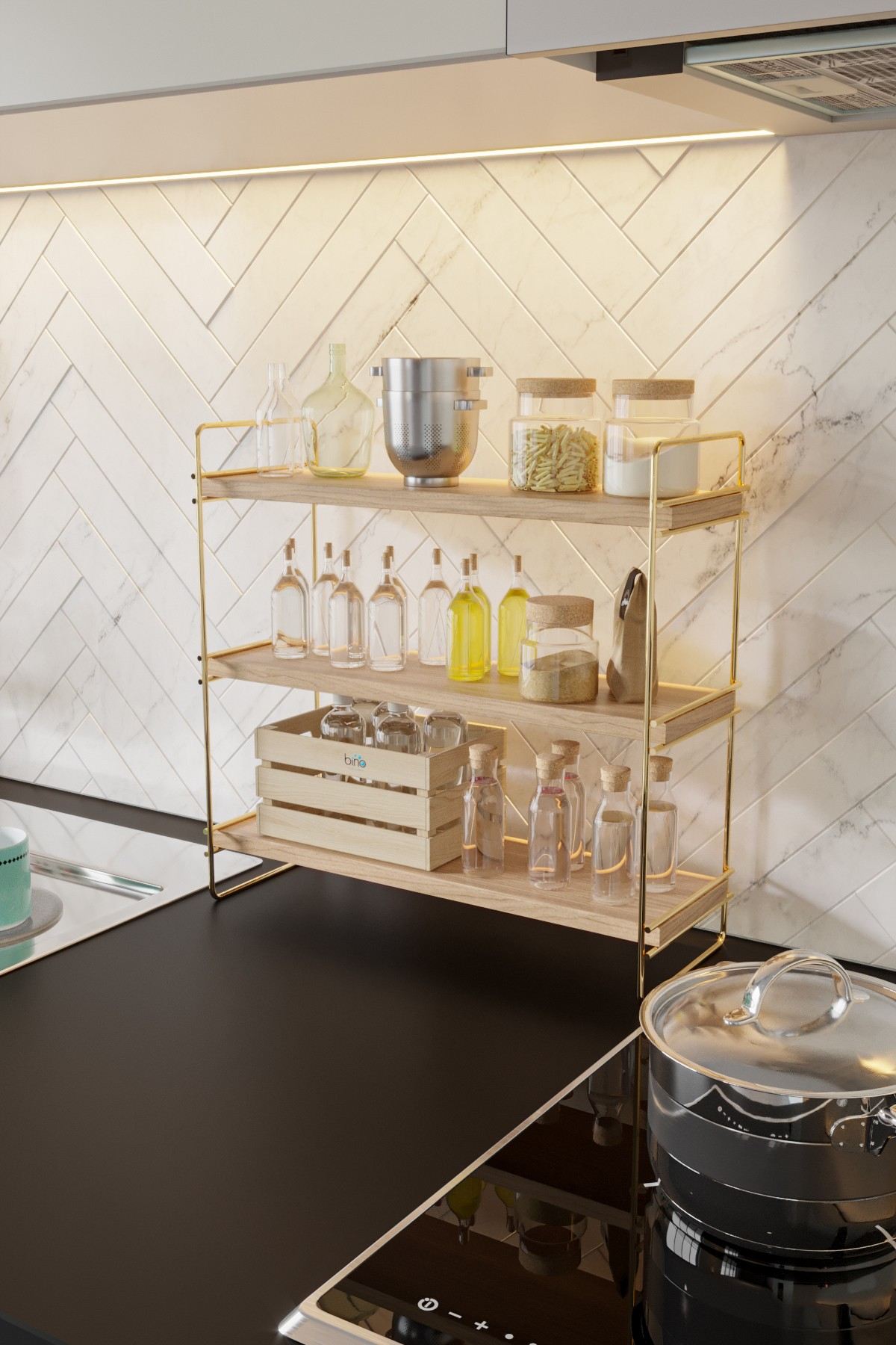 Masa Üstü 3 Katlı Organizer, Servis Rafı Gold Brown