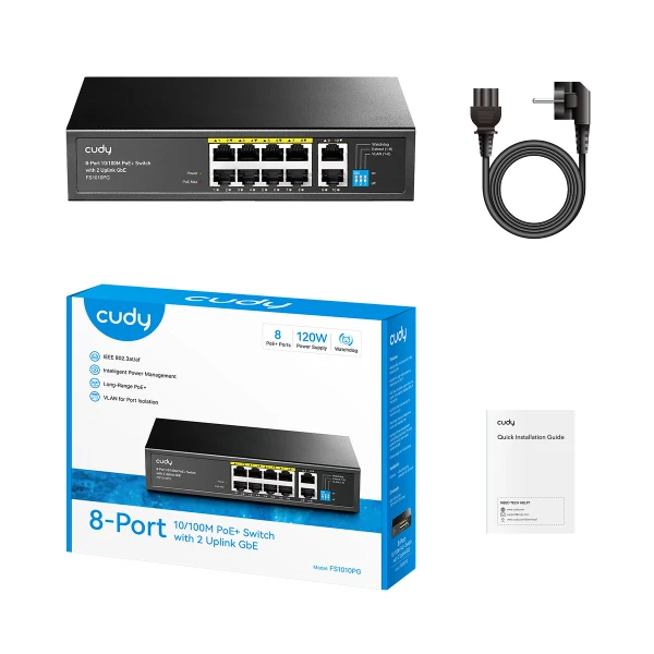Svič 10/100 8+2-port PoE + 1Gbps RJ45 Cudy FS1010PG 120W