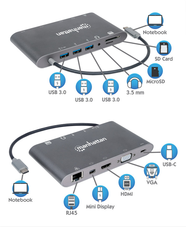 Docking station Manhattan 152808 7in1 USB-C - HDMI/VGA/mDP/3xUSB/LAN/CR/PD 60W