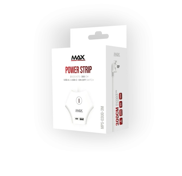 Produžni kabl sa prenaponskom zaštitom sa 3 utičnice MAX MPS-03UG-3M/3m/USB portovi(USB A + USB C )